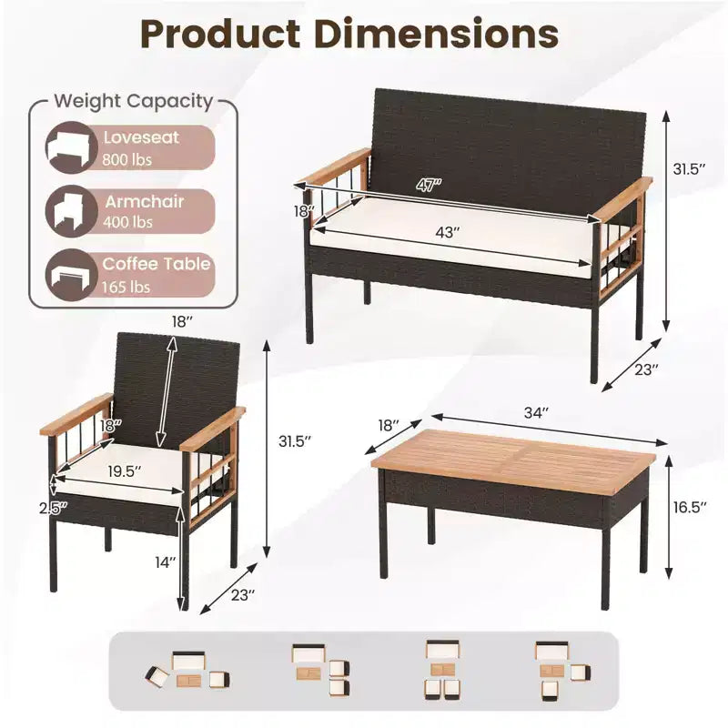 Costway Ensemble de Meubles 4 Pièces en Rotin avec Plateau de Table en Bois d'Acacia Accoudoirs Coussins pour Jardin