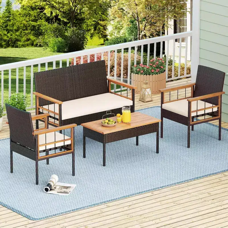 Costway Ensemble de Meubles 4 Pièces en Rotin avec Plateau de Table en Bois d'Acacia Accoudoirs Coussins pour Jardin