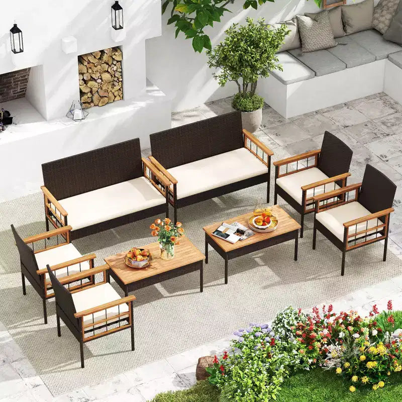Costway Ensemble de Meubles 4 Pièces en Rotin avec Plateau de Table en Bois d'Acacia Accoudoirs Coussins pour Jardin