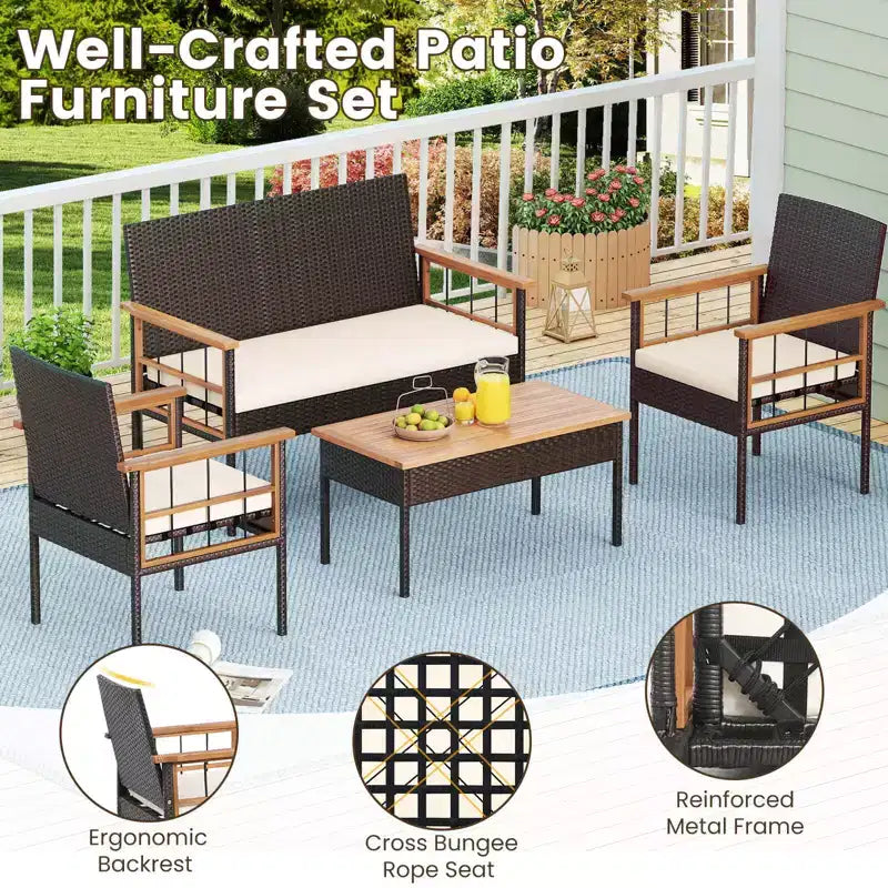Costway Ensemble de Meubles 4 Pièces en Rotin avec Plateau de Table en Bois d'Acacia Accoudoirs Coussins pour Jardin