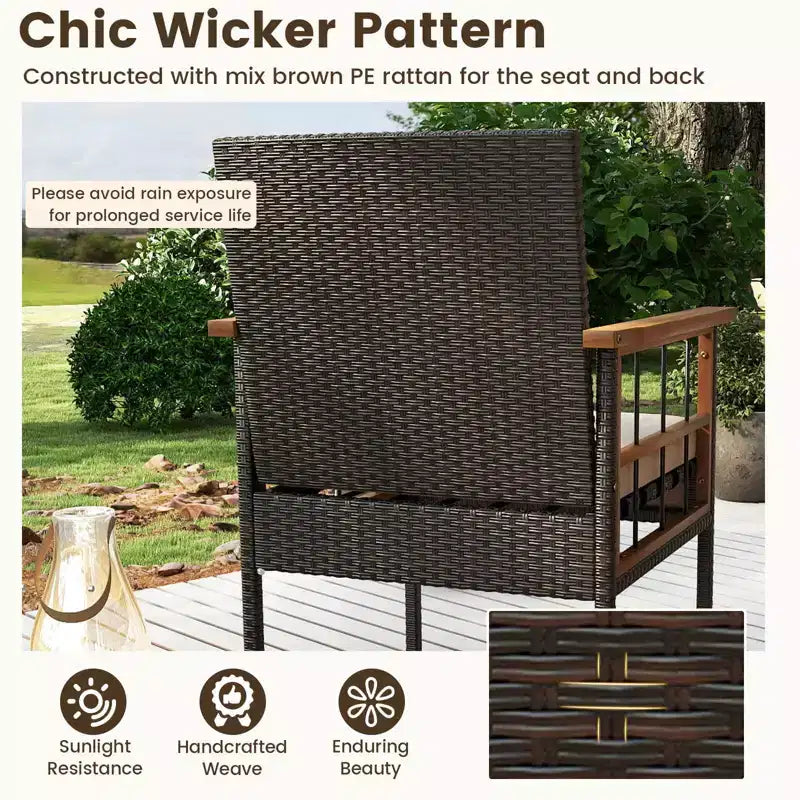 Costway Ensemble de Meubles 4 Pièces en Rotin avec Plateau de Table en Bois d'Acacia Accoudoirs Coussins pour Jardin