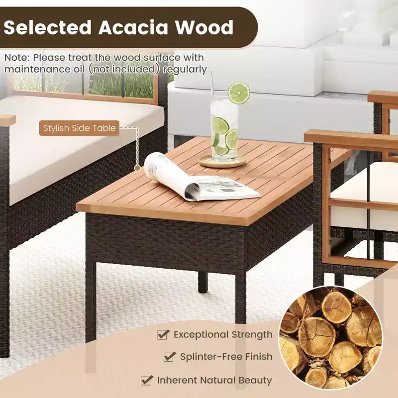 Costway Ensemble de Meubles 4 Pièces en Rotin avec Plateau de Table en Bois d'Acacia Accoudoirs Coussins pour Jardin