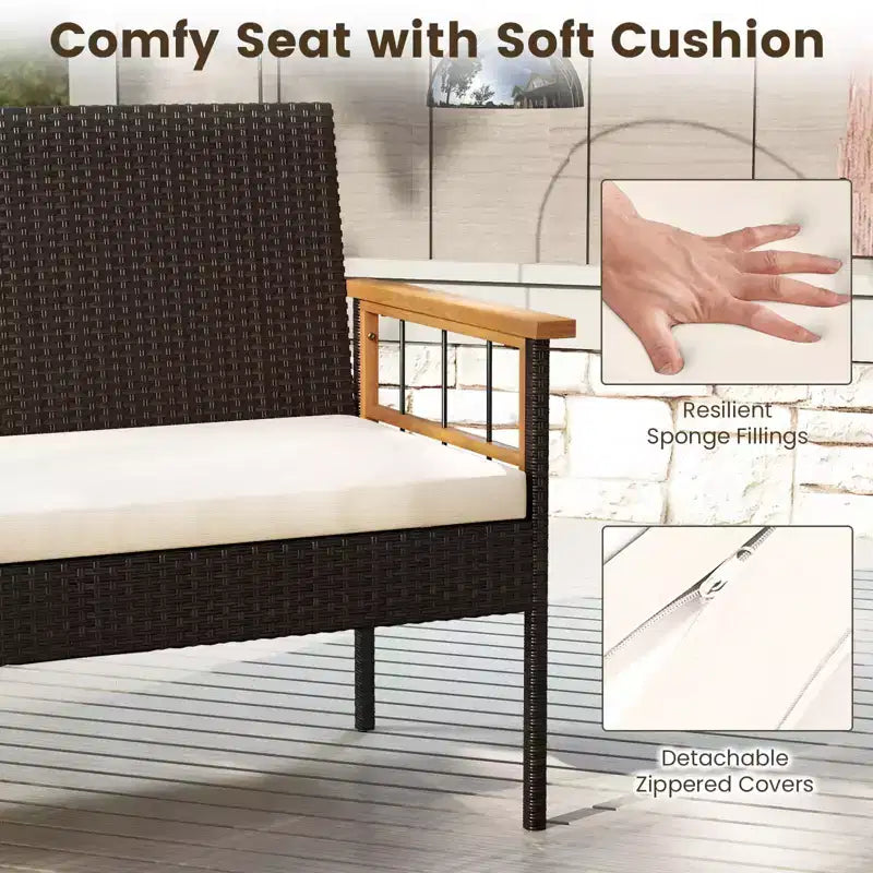 Costway Ensemble de Meubles 4 Pièces en Rotin avec Plateau de Table en Bois d'Acacia Accoudoirs Coussins pour Jardin