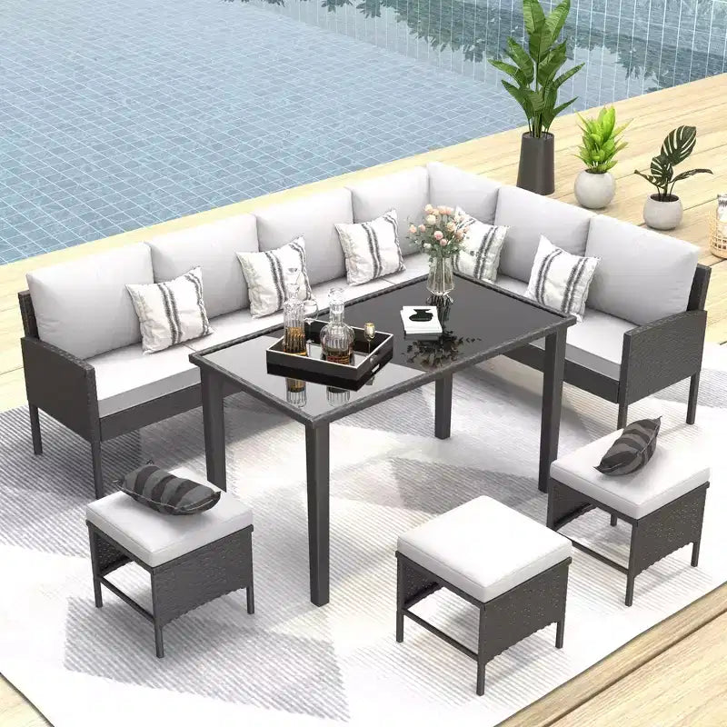 Whisen Patio Salon de Jardin 7 Pièces, Ensemble de Conversation en Rotin pour Jardin avec Coussins Épais et Moelleux
