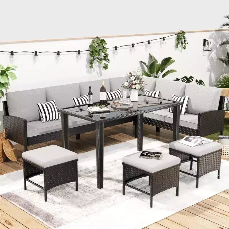 Whisen Patio Salon de Jardin 7 Pièces, Ensemble de Conversation en Rotin pour Jardin avec Coussins Épais et Moelleux
