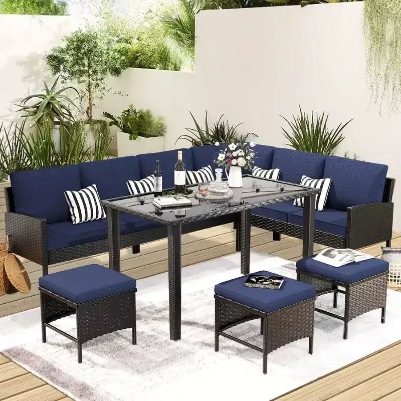Whisen Patio Salon de Jardin 7 Pièces, Ensemble de Conversation en Rotin pour Jardin avec Coussins Épais et Moelleux