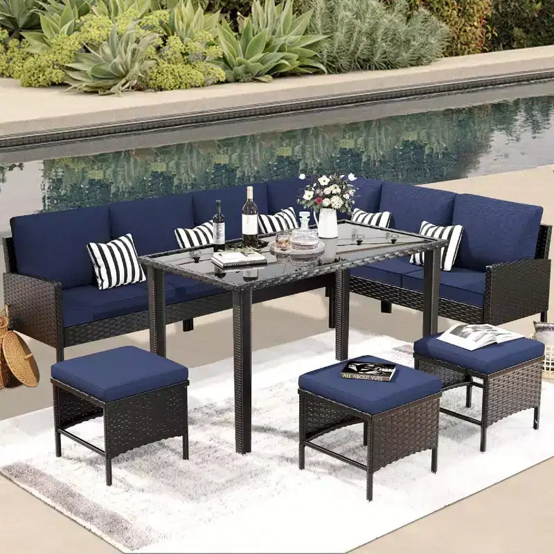 Whisen Patio Salon de Jardin 7 Pièces, Ensemble de Conversation en Rotin pour Jardin avec Coussins Épais et Moelleux