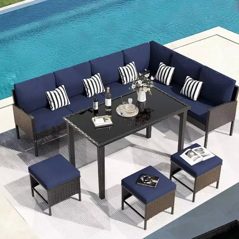 Whisen Patio 7 Pieces Outdoor Sofa Set, Patio Garden Rattan Conversation Seating Set with Soft Thick Cushions