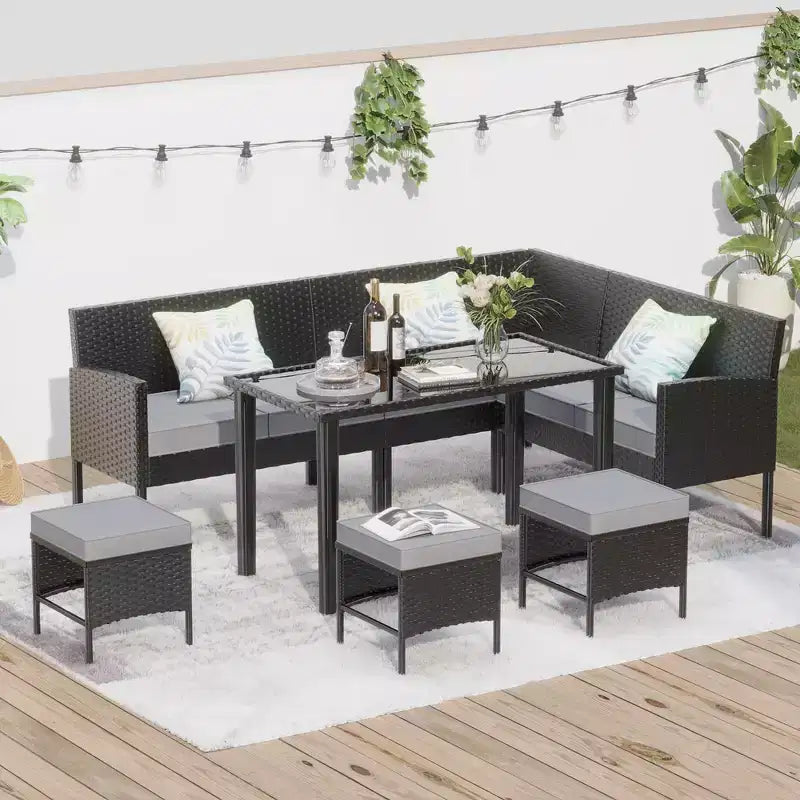 Ensemble de canapé d'extérieur 7 pièces Whisen Patio, ensemble de conversation en rotin pour jardin avec coussins moelleux