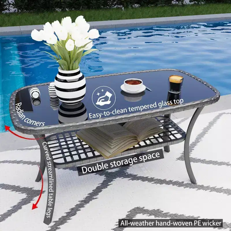 Ensemble de canapé d'extérieur Whisen Patio 4 pièces, salon de conversation de jardin en osier 4 personnes avec table en verre trempé et coussins moelleux