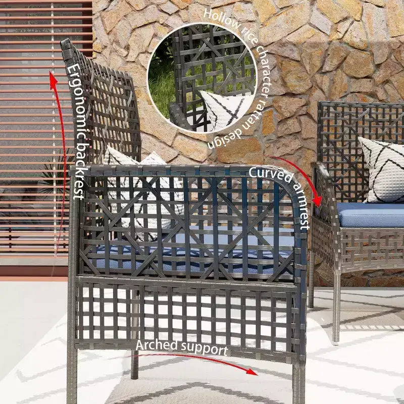 Ensemble de canapé d'extérieur Whisen Patio 4 pièces, salon de conversation de jardin en osier 4 personnes avec table en verre trempé et coussins moelleux