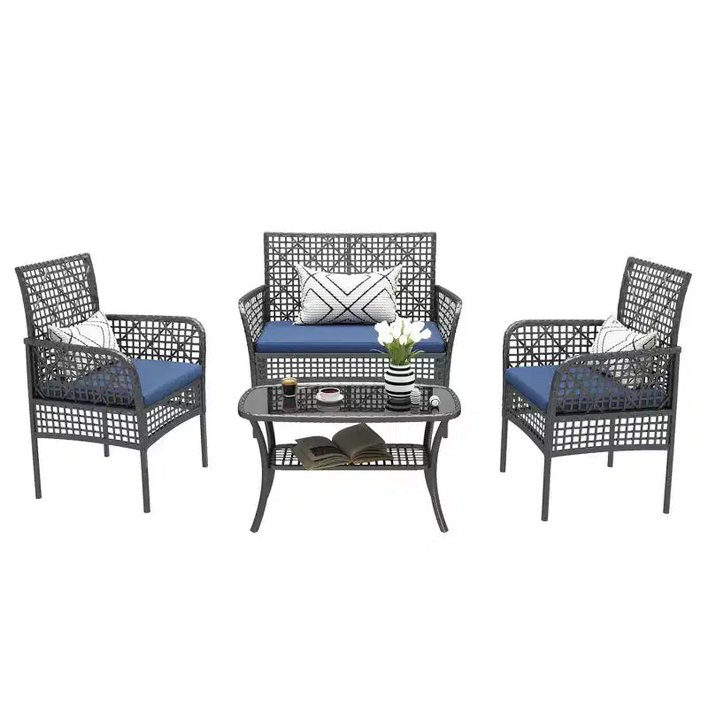 Ensemble de canapé d'extérieur Whisen Patio 4 pièces, salon de conversation de jardin en osier 4 personnes avec table en verre trempé et coussins moelleux