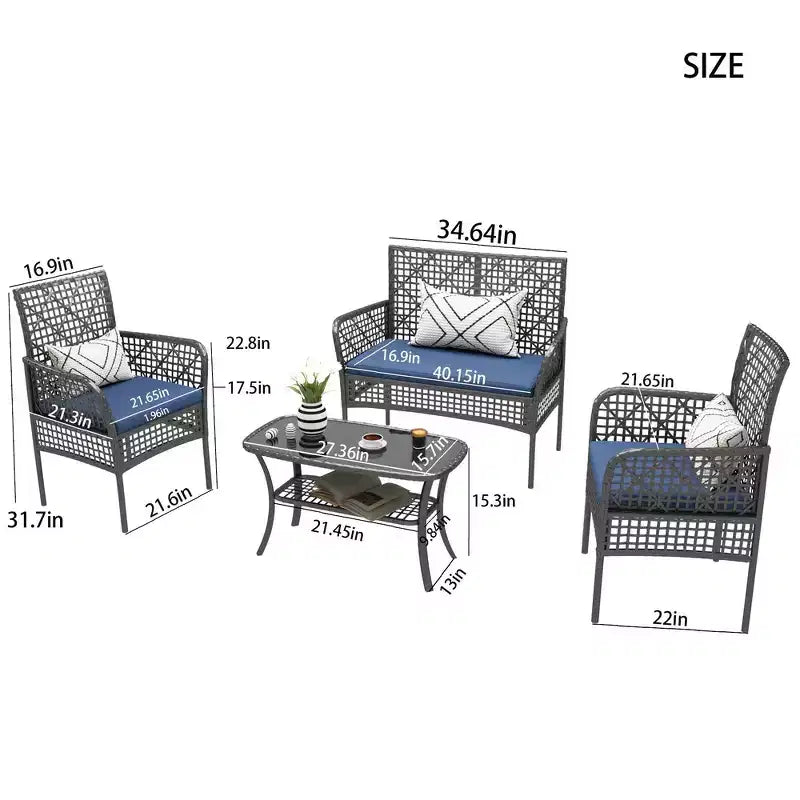 Ensemble de canapé d'extérieur Whisen Patio 4 pièces, salon de conversation de jardin en osier 4 personnes avec table en verre trempé et coussins moelleux