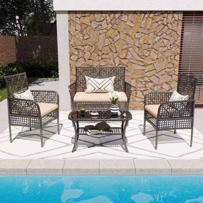 Ensemble de canapé d'extérieur Whisen Patio 4 pièces, salon de conversation de jardin en osier 4 personnes avec table en verre trempé et coussins moelleux