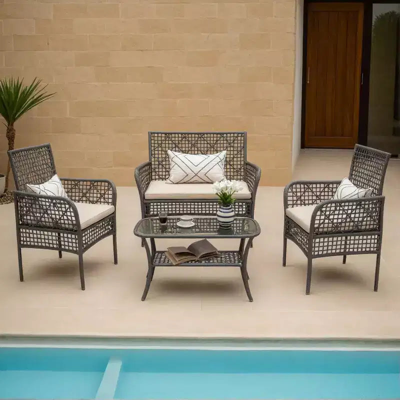 Ensemble de canapé d'extérieur Whisen Patio 4 pièces, salon de conversation de jardin en osier 4 personnes avec table en verre trempé et coussins moelleux
