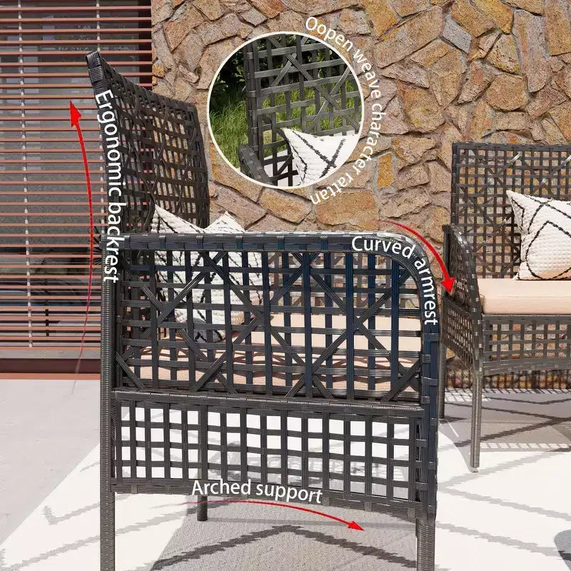 Ensemble de canapé d'extérieur Whisen Patio 4 pièces, salon de conversation de jardin en osier 4 personnes avec table en verre trempé et coussins moelleux