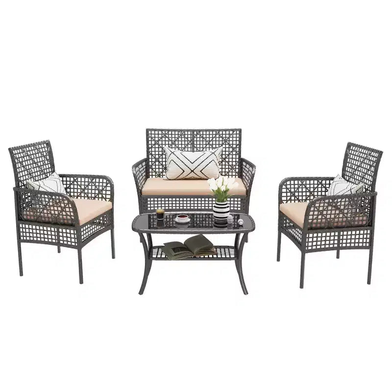 Ensemble de canapé d'extérieur Whisen Patio 4 pièces, salon de conversation de jardin en osier 4 personnes avec table en verre trempé et coussins moelleux