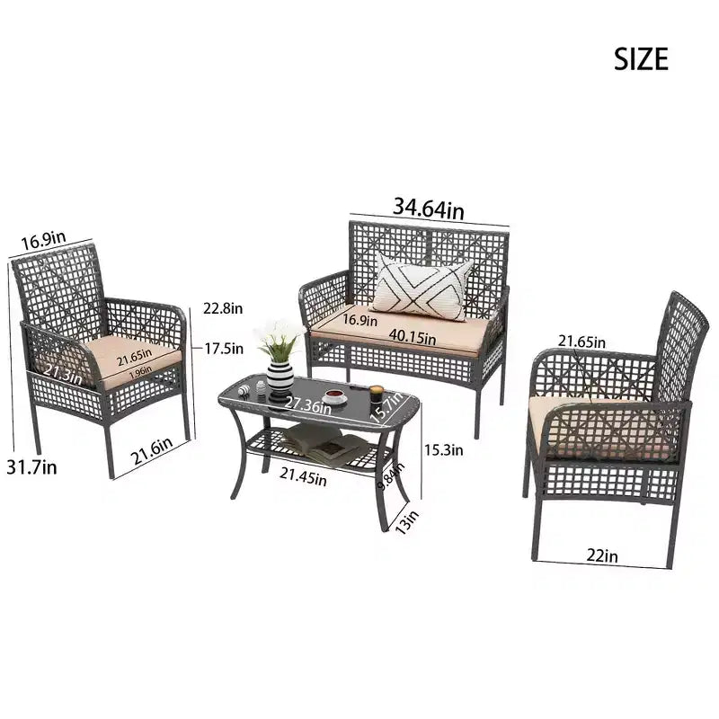 Ensemble de canapé d'extérieur Whisen Patio 4 pièces, salon de conversation de jardin en osier 4 personnes avec table en verre trempé et coussins moelleux