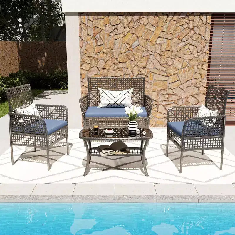 Ensemble de canapé d'extérieur Whisen Patio 4 pièces, salon de conversation de jardin en osier 4 personnes avec table en verre trempé et coussins moelleux