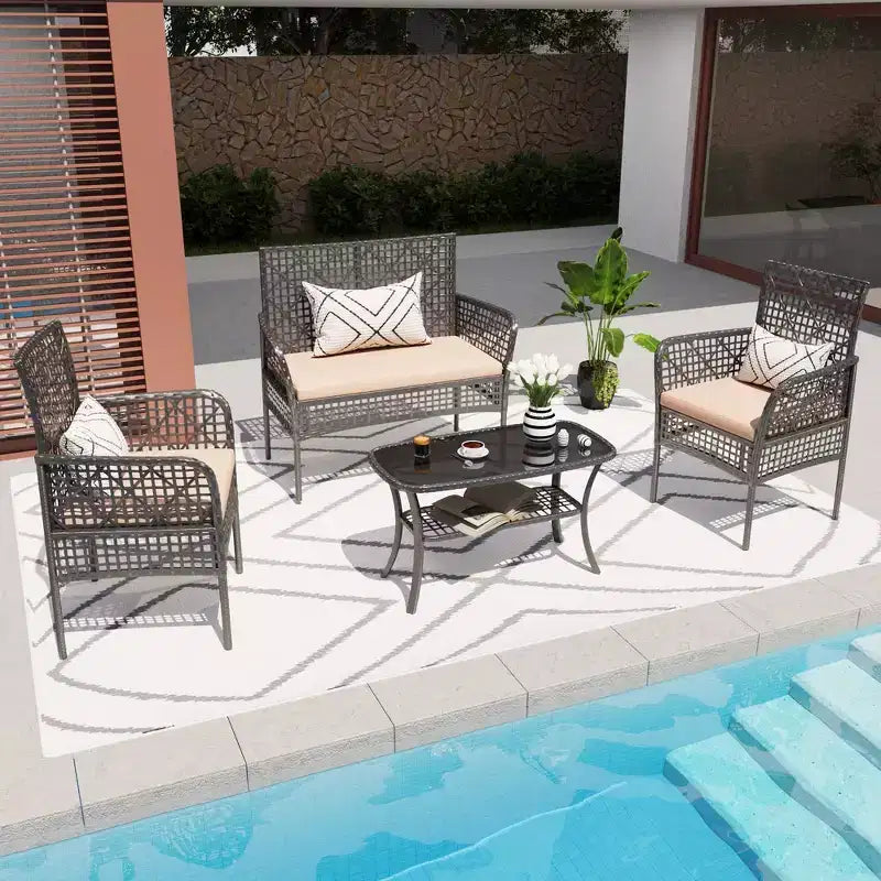 Whisen Patio 4 Pieces Outdoor Sofa Set, 4-person Patio Garden Wicker Conversation Seating Set with Tempered Glass Table and Soft Cushions