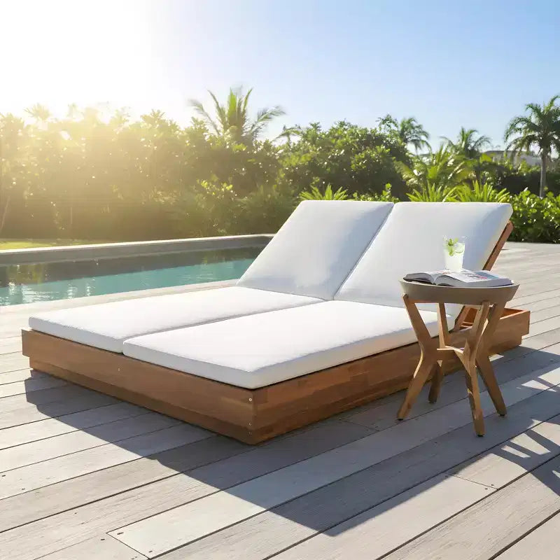 Christopher Knight Home Yichen Modern Acacia Patio Double Sunlounge Set with Concrete-Acacia Side Table
