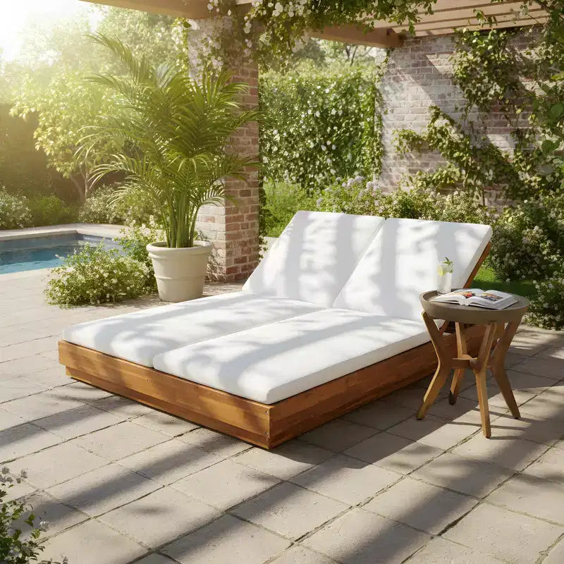 Christopher Knight Home Yichen - Ensemble double chaise longue de patio moderne en acacia avec table d'appoint en béton et acacia