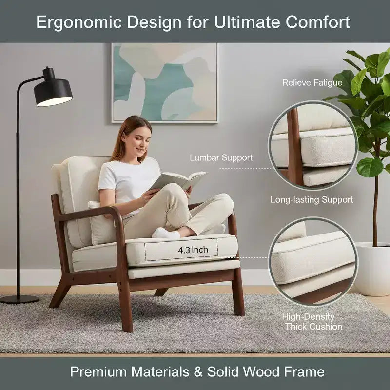 Fauteuil moderne Summit Adventure avec accoudoirs, cadre en bois massif crème et coussin lombaire, pour salon