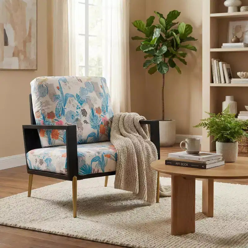 FurnitureR Floral Upholstered Accent Chair with Metal Legs, Modern Printed Lounge Armchair for Living Room, Bedroom or Reading Corner