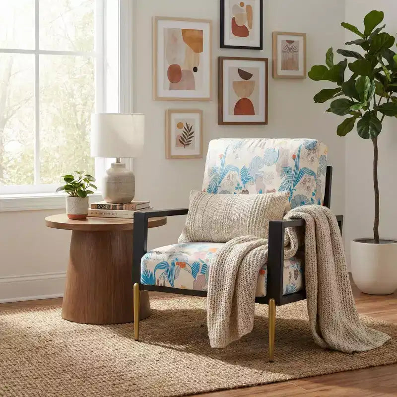 FurnitureR Floral Upholstered Accent Chair with Metal Legs, Modern Printed Lounge Armchair for Living Room, Bedroom or Reading Corner
