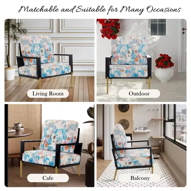 FurnitureR Floral Upholstered Accent Chair with Metal Legs, Modern Printed Lounge Armchair for Living Room, Bedroom or Reading Corner