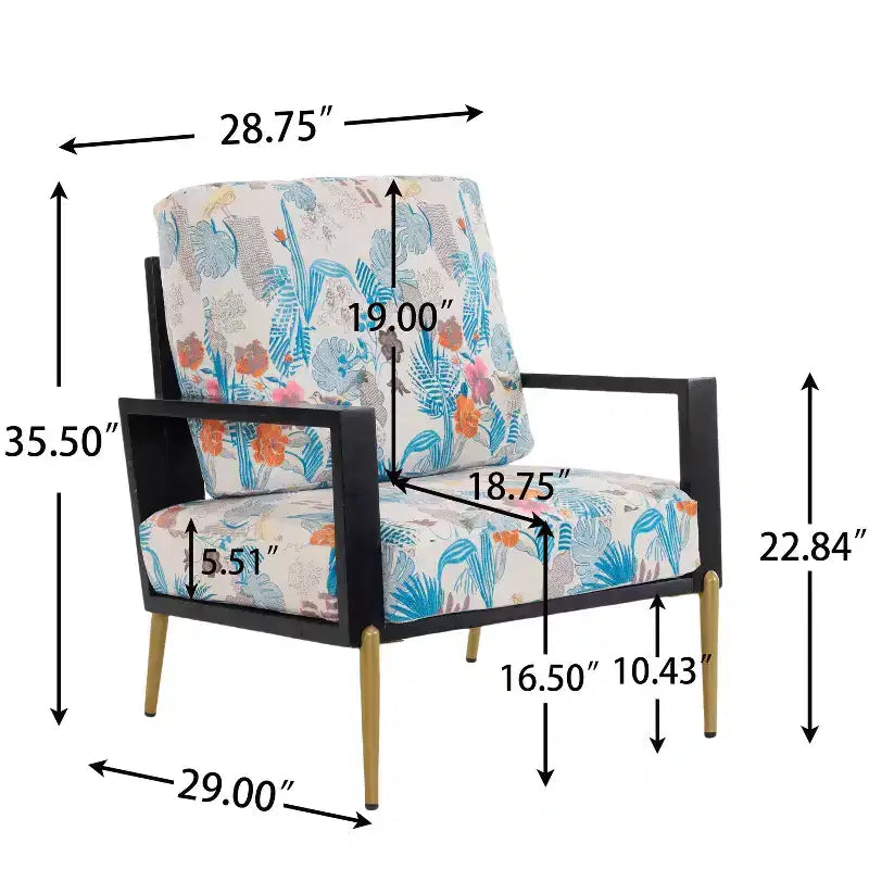 FurnitureR Floral Upholstered Accent Chair with Metal Legs, Modern Printed Lounge Armchair for Living Room, Bedroom or Reading Corner