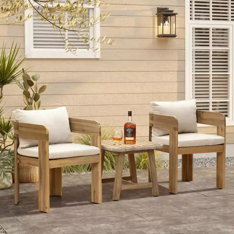 LuxenHome Lot de 2 fauteuils modernes d'extérieur en bois d'acacia avec coussins, sièges de salon de patio