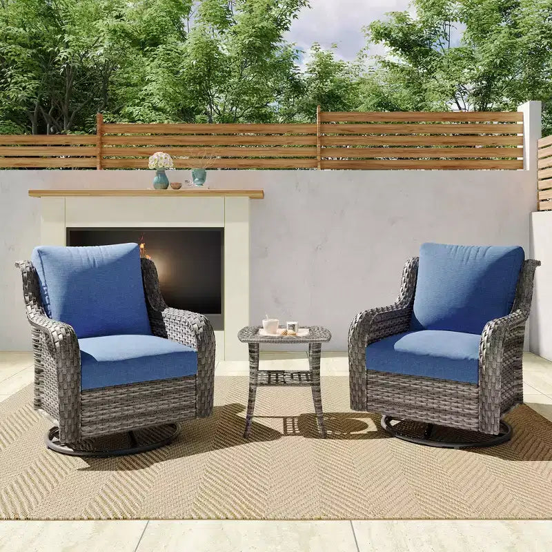 GDFStudio Monterey Wicker and Iron 3 Piece Outdoor Swivel Chat Set with Side Table