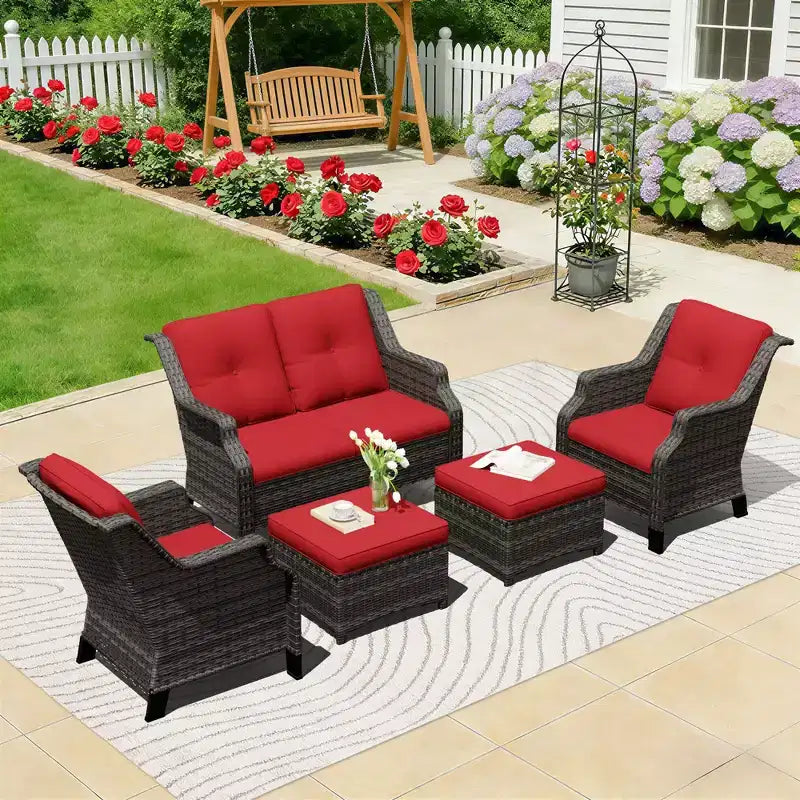 UPTIOT Salon de jardin avec canapé deux places, chaises et pouf