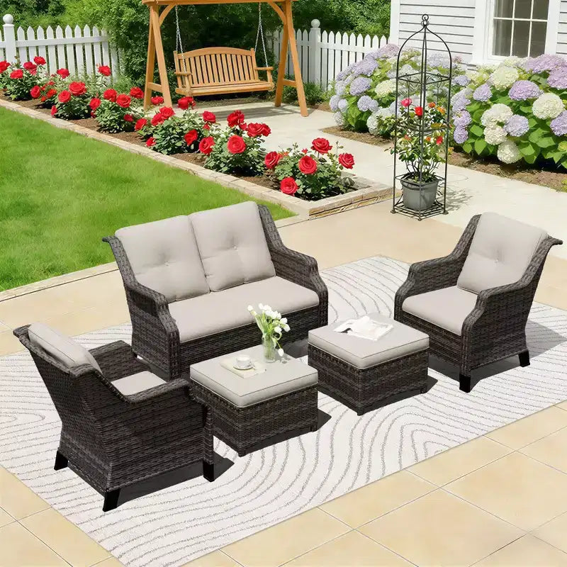UPTIOT Salon de jardin avec canapé deux places, chaises et pouf
