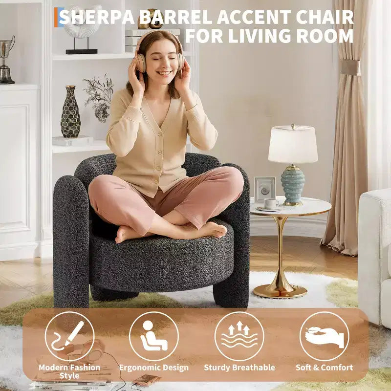 Oversized Modern Chenille Barrel Accent Chair,Mid-Century Lounge Armchair with Open Back,Soft&Cozy Upholstered Comfort for Living Room,Bedroom,Office