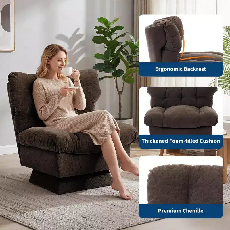 Fauteuil pivotant moderne avec coussins épais touffetés - Fauteuil d'appoint en chenille rotatif à 360°, chaise de lecture ergonomique pour le salon et la chambre à coucher