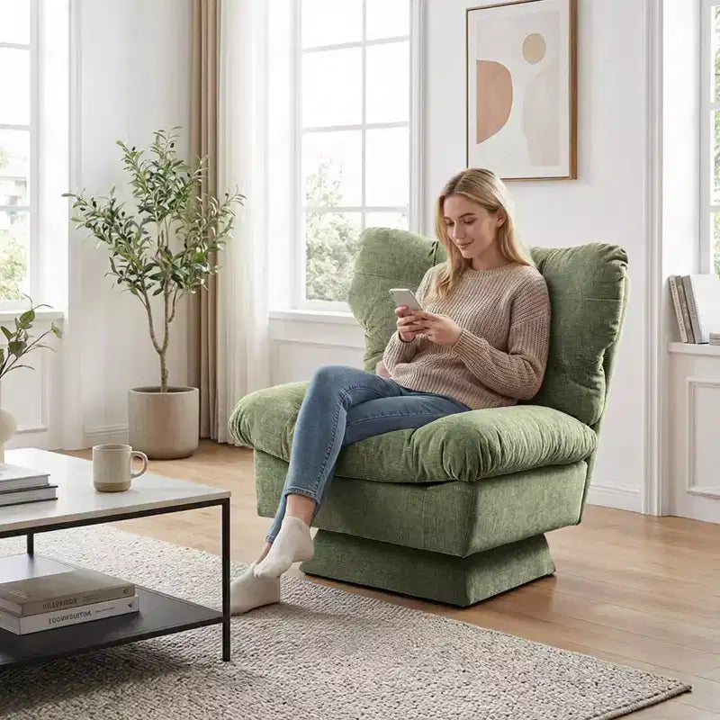 Fauteuil pivotant moderne avec coussins épais touffetés - Fauteuil d'appoint en chenille rotatif à 360°, chaise de lecture ergonomique pour le salon et la chambre à coucher