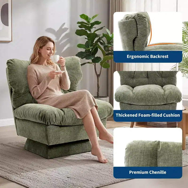 Fauteuil pivotant moderne avec coussins épais touffetés - Fauteuil d'appoint en chenille rotatif à 360°, chaise de lecture ergonomique pour le salon et la chambre à coucher