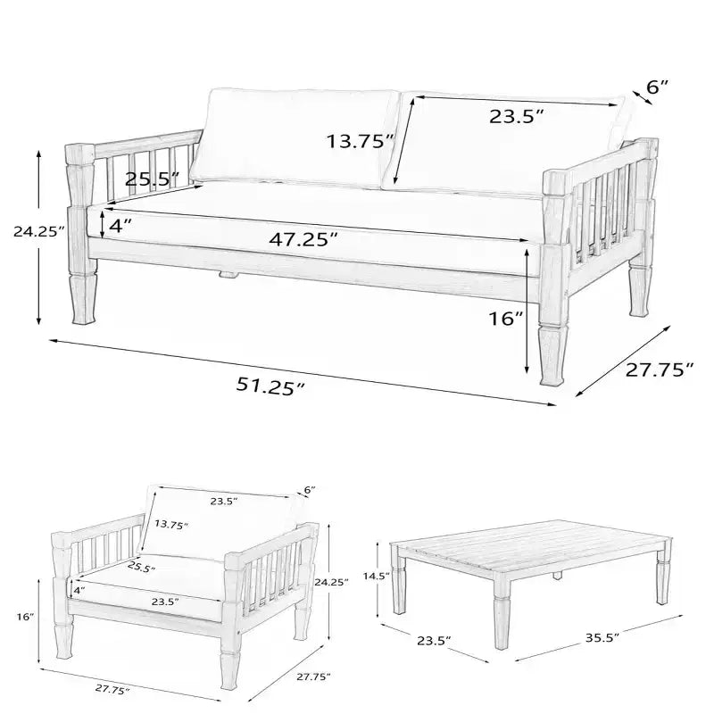 Ensemble de mobilier de patio 4 pièces avec table basse, salon de conversation profond avec coussins pour jardin, balcon et cour - Panipeachy