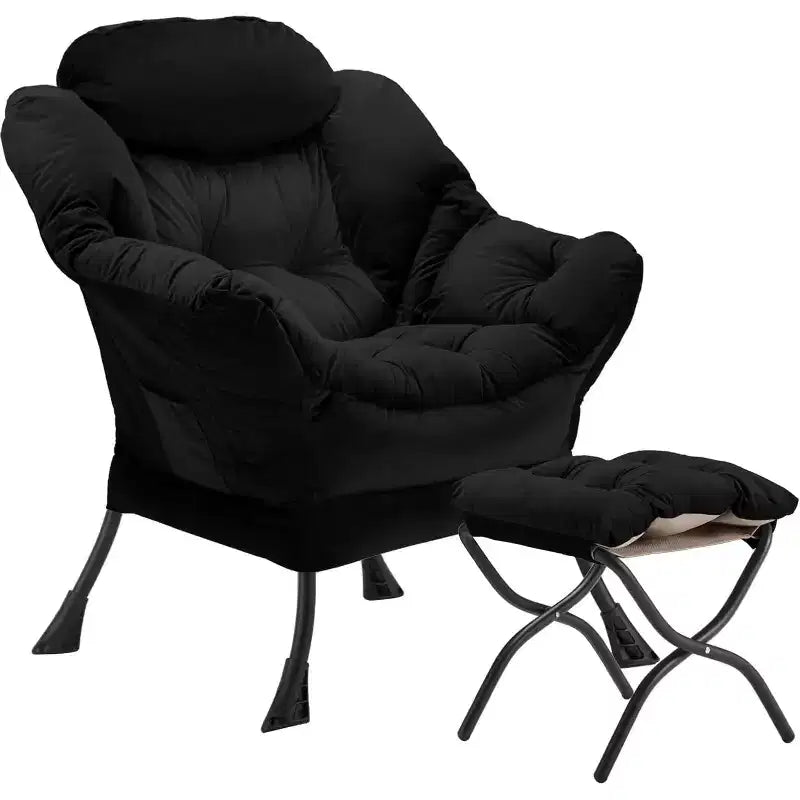 Summit Adventure Lazy Chair with Folding Ottoman Velvet Upholstered Metal Frame Side Storage Bag Armchair Black