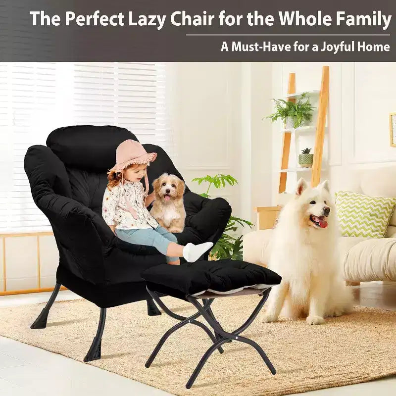 Summit Adventure Lazy Chair with Folding Ottoman Velvet Upholstered Metal Frame Side Storage Bag Armchair Black