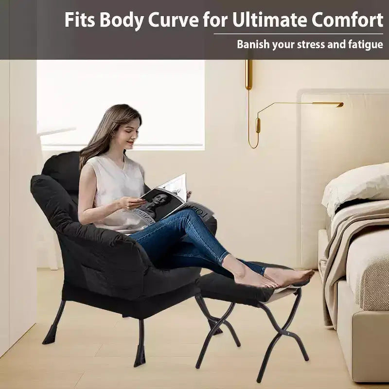 Summit Adventure Lazy Chair with Folding Ottoman Velvet Upholstered Metal Frame Side Storage Bag Armchair Black