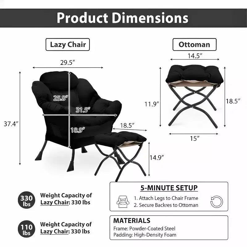 Summit Adventure Lazy Chair with Folding Ottoman Velvet Upholstered Metal Frame Side Storage Bag Armchair Black