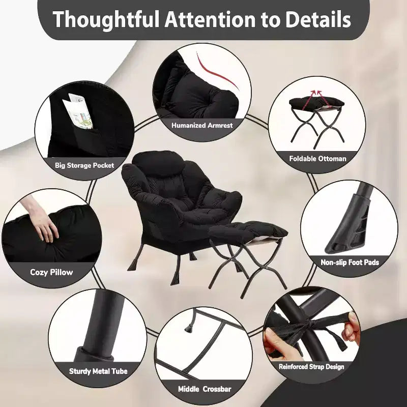 Summit Adventure Lazy Chair with Folding Ottoman Velvet Upholstered Metal Frame Side Storage Bag Armchair Black