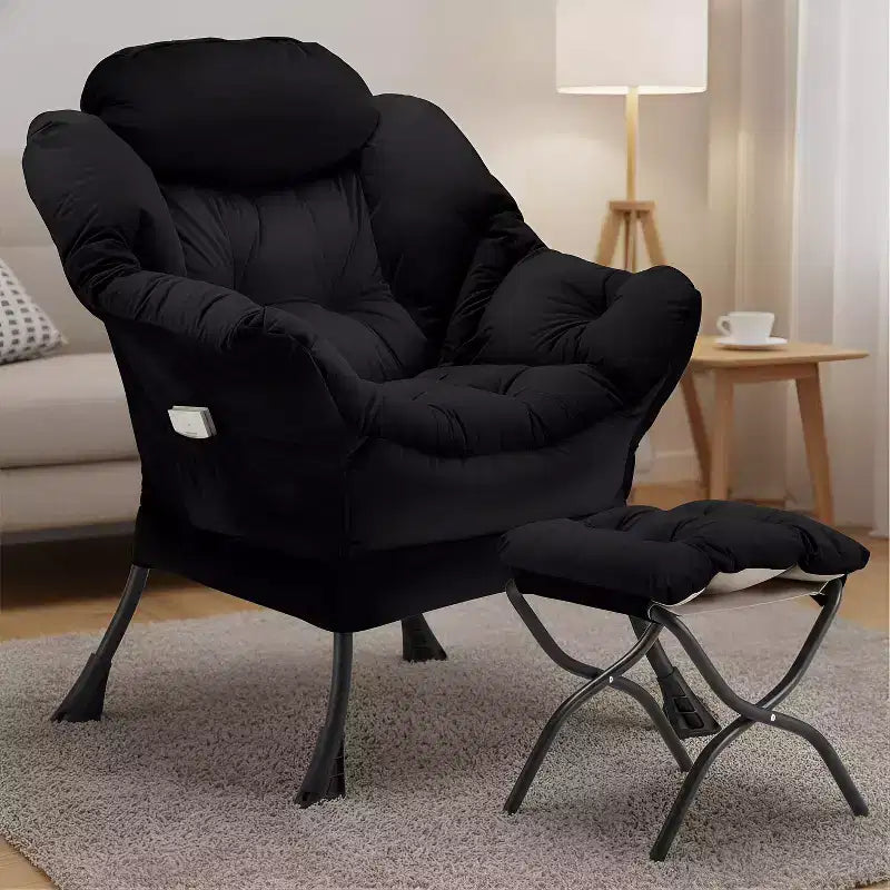 Summit Adventure Lazy Chair with Folding Ottoman Velvet Upholstered Metal Frame Side Storage Bag Armchair Black