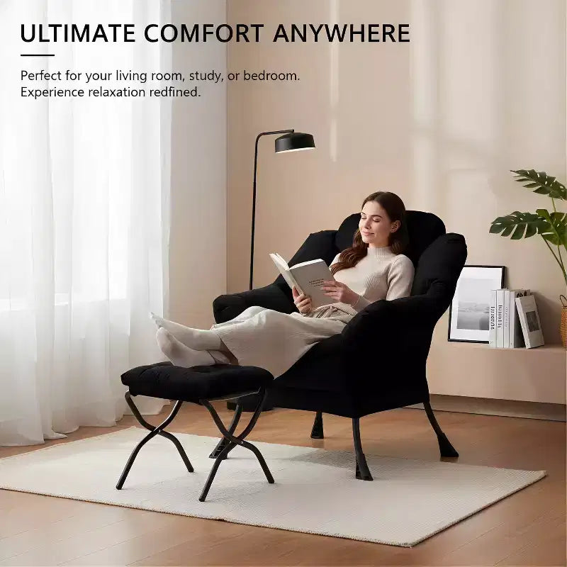 Summit Adventure Lazy Chair with Folding Ottoman Velvet Upholstered Metal Frame Side Storage Bag Armchair Black