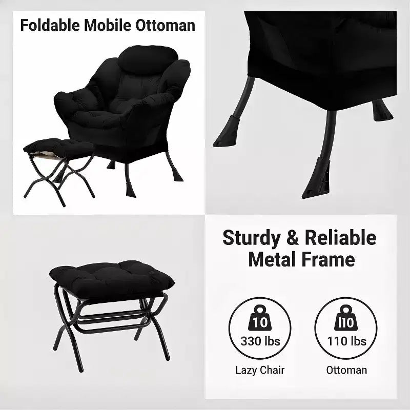 Summit Adventure Lazy Chair with Folding Ottoman Velvet Upholstered Metal Frame Side Storage Bag Armchair Black