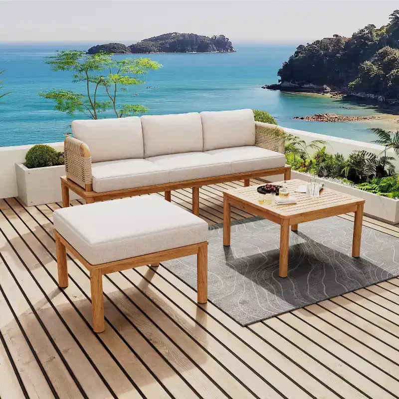3/4/5pcs Outdoor Sofa Set Patio Conversation Set Outdoor Lounge Furniture Set with Coffee Table&Cushion, Weather-Resistant Frame,Teak+Beige-ModernLuxe