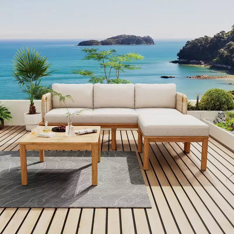 Ensemble de Canapé d'Extérieur 3/4/5 Pièces, Salon de Jardin Extérieur avec Table Basse et Coussins, Cadre Résistant aux Intempéries, Teck+Beige-ModernLuxe